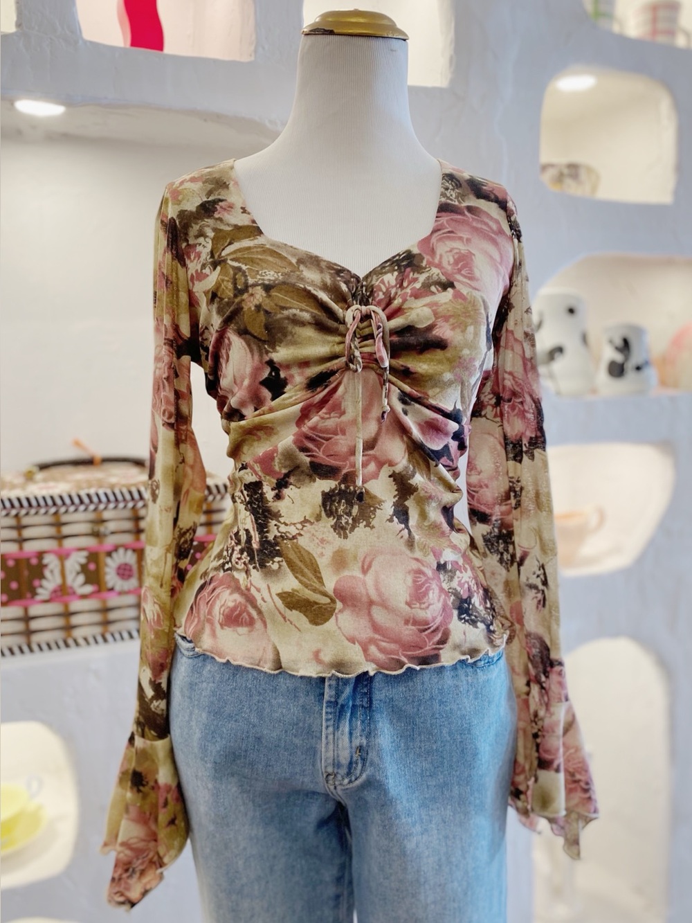 Y2K Vintage Floral Mesh Long Sleeve Boho Blouse Ruched Bust and Flared Sleeves